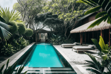 Cómo decorar el borde de una piscina: camas balinesas y vegetación